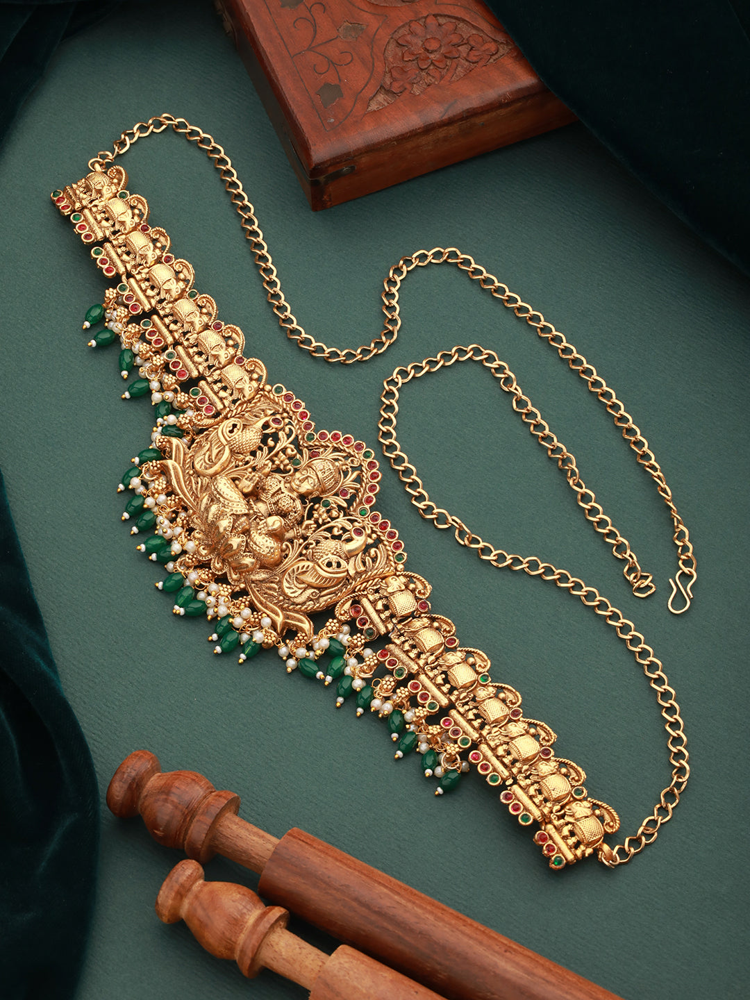 Matte Gold Plated Green Pearls Beaded Shri lakshmi Motif Bridal Hip Belt Kamarbandh